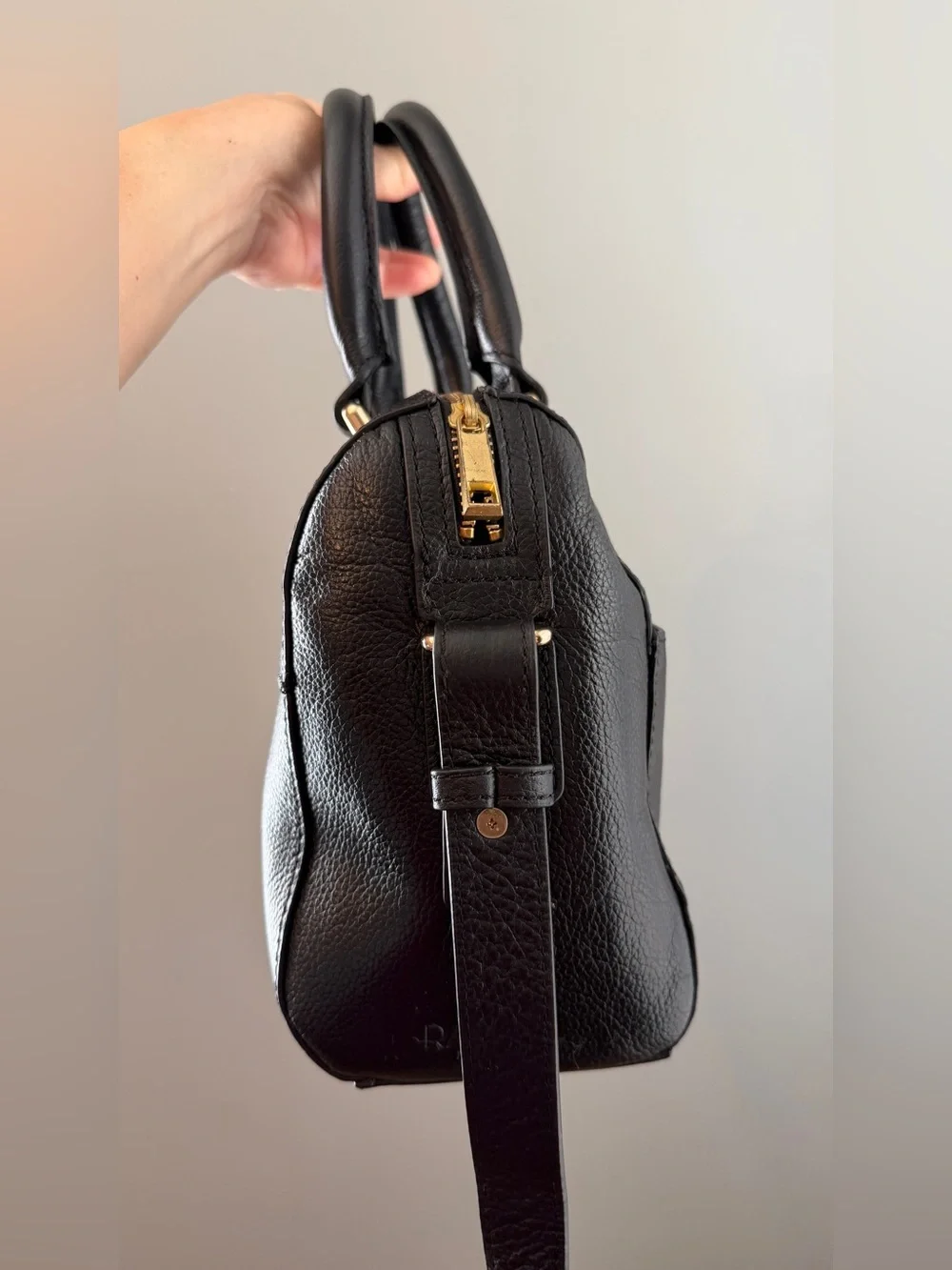 Rachel Roy Black Leather Satchel Handbag with Gold Hardware